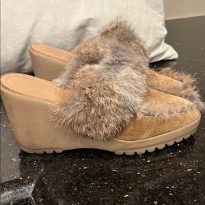 Furry Tan Wedge Mules